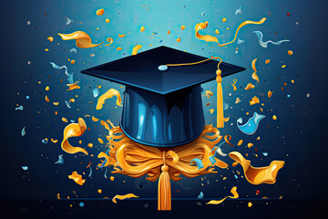 Poster - A graduation cap floats in a celebration of gold and blue, a festive tribute to the achievements of graduates.