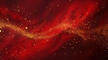 Red Liquid With Tints Of Golden Glitters. Red Background With A Scattering Of Gold Sparkles. Magic Galaxy Of Golden Dust Particles In Red Fluid With Burgundy Tints. 