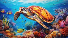 Turtle With Group Of Colorful Fish And Sea Animals With Colorful Coral Underwater In Ocean