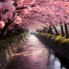 Poster - A city park with cherry blossoms in full bloom