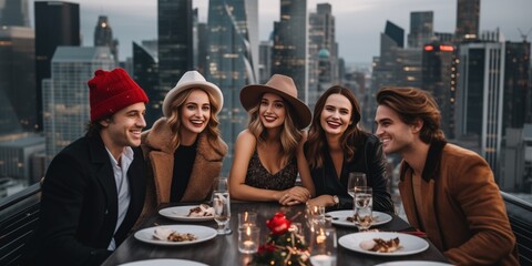 A stylish group of young adults enjoying a rooftop dinner with a cityscape backdrop, ideal for lifestyle magazines or marketing urban dining experiences.