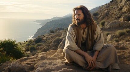 Wall Mural - Jesus in robe sitting on stone shore strewn with bushes by sea looking at landscape. Jesus Christ walking near sea. Jesus Christ calmly walking near sea searching for asks for important questions