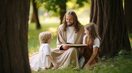 Jesus sitting in clearing under tree reading book and smiling with children. Jesus teaches children new knowledge by reading book under tree on warm summer day. Jesus shares knowledge with children