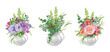 Garden flowers bouquet in white porcelain jug set. Watercolor vintage style illustration. Garden cut flowers in white ceramic vase decor. Summer tender bouquet collection. White background