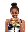 Sandwich, delicious and woman eating fast food and happy with lunch meal isolated on a white studio background. Breakfast, craving and smile with African person enjoy snack, mockup space and burger