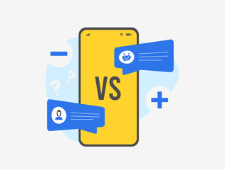 Wall Mural - chatbot vs real time live chat concept. pros and cons for business. live chat with human-to-human co