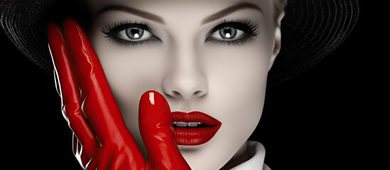 Poster - Stunning youthful model with red lips and vibrant manicure, captured in black and white.