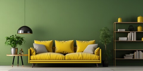 Wall Mural - Living room in modern, cozy style with sofa and chair on yellow and green wall background furniture cosy home