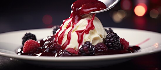 Wall Mural - Close-up of a white plate with an ice cream scoop pouring berry sauce from a spoon, on a decorated table.