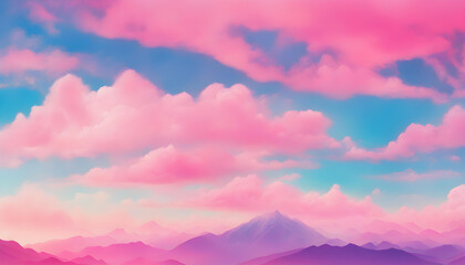 Wall Mural - pink sky with clouds and mountains background.