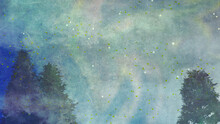 神秘的なオーロラの空とモミの木|和紙テクスチャクリスマス背景イラスト（ブルー）