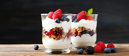 Wall Mural - Yogurt parfait with berries in mugs.
