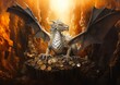dragon sitting pile coins desert digital princess draped gold silver treasure walls exploitable greed gryphon conquest