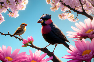 Wall Mural - bird on branch with spring flower ai generated