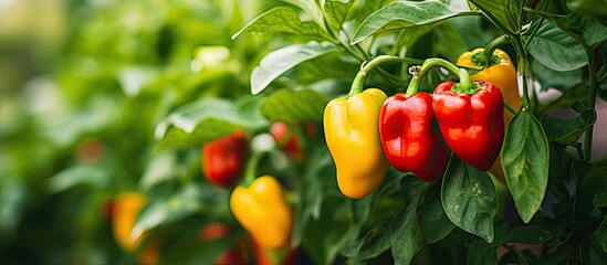 Wall Mural - Close-up view of small bell peppers growing outdoors on a red plant in a garden.