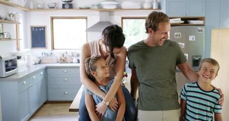 Canvas Print - Face, hug and happy family in a kitchen laughing, bond and having fun at home together. Love, portrait and children with parents in a house for support, security or trust, playing or weekend freedom