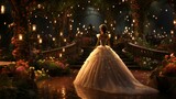 A fantasy portrait of a woman in a magical forest, illuminated by glowing lights, combining elements of fashion, nature, and imagination