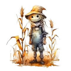 Wall Mural - Cute cartoon watercolor halloween scarecrow on a transparent background