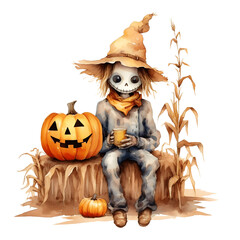 Wall Mural - Cute cartoon watercolor halloween scarecrow on a transparent background