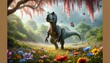 A dinosaur wandering through a flowering meadow