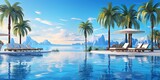 Fototapeta  - Luxurious beach resort with swimming pool and beach chairs or loungers umbrellas with palm trees and blue sky