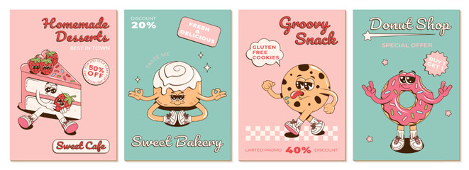 Posters set with retro groovy cheerful desserts characters. Retro cartoon branding mascots for cafe. Vector promo illustrations with a donut, cake, cookie and synabon for leaflet, flyer, brochure.