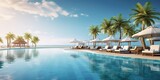 Fototapeta  - Luxurious beach resort with swimming pool and beach chairs or loungers umbrellas with palm trees and blue sky