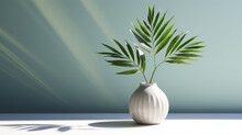 Modern Minimalist Style Focuses On A White Ceramic Vase With Curved Stripes Holding Green, Long Leaves. Set Against A Blue Wall, The Photo Exudes Elegance, Sophistication, And Harmony, Interior Decor