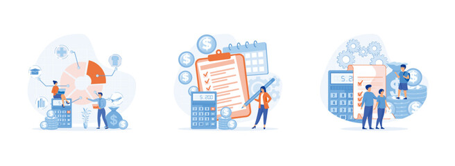 People analyzing personal or corporate budget, Budget planning, balanced budget, company budget management concept. Budget planning set flat vector modern illustration 