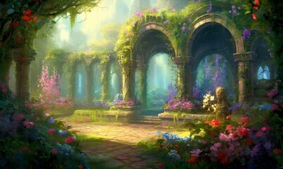  A beautiful secret fairytale garden with flower arches and colorful greenery. Generative AI