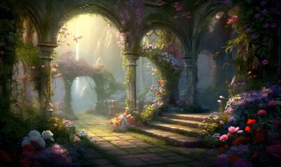 Wall Mural - A beautiful secret fairytale garden with flower arches and colorful greenery. Illustration, Generative AI
