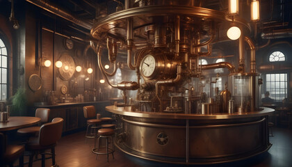 Wall Mural - Brass Walls, Gear Furniture, Pneumatic Tubes, Clockwork Robot, Steampunk Haven ai generation