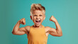 Funny little power super hero kid showing muscles. Strength, confidence or defense from bullying. Green background.