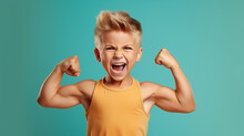 Funny Little Power Super Hero Kid Showing Muscles. Strength, Confidence Or Defense From Bullying. Green Background.