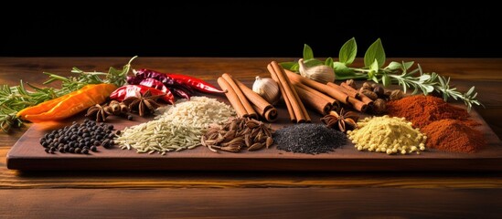 Wall Mural - Spices on a wooden surface with variety