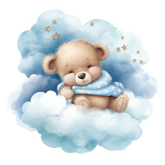 Wall Mural - Cute baby teddy bear sleeping on the cloud Illustration, Generative Ai