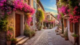 Fototapeta Fototapeta uliczki - Wander through a charming village square, where cobblestone streets wind between centuries-old buildings adorned with vibrant flowers