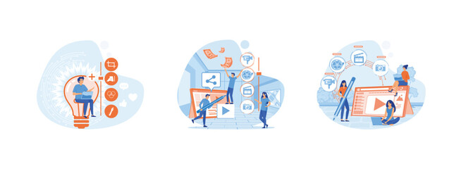 Woman developer or Designer, video content creator team working and make money with internet online media, Modern flat design concept of Freelancer, blogger, content creator. Content creator set flat 