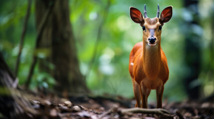 Wall Mural - Male Muntjacs, also known as barking deer and Mastreani deer, are small deer of the genus Muntiacus, at the rain. Blur background with copy space , Khaoyai National Park . Thailand