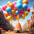 birthday party balloons colourful balloons background and birthday cake with candles