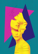 Futuristic collage of cropped women faces with abstract background