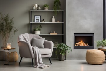 Wall Mural - Scandinavian Living Room Interior. Grey Chair by Fireplace against Concrete Wall with Shelves