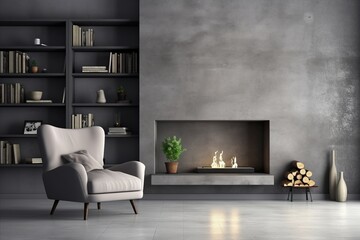 Modern Scandinavian living room with grey chair by fireplace and concrete wall shelves