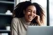 Happy woman smiling laptop indoor home. Alone rest african casual single. Generate Ai