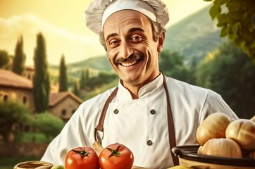 Male italian happy chef. Happy cuisine food culinary uniform cookery. Generate Ai