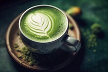 Matcha Latte Cup Morning Drink. Milk Leaf Coffee Art Nutrition. Generate Ai