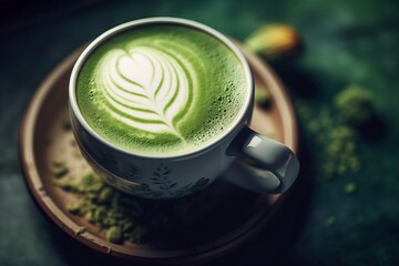 Wall Mural - Matcha latte cup morning drink. Milk leaf coffee art nutrition. Generate Ai