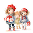 © IMAGINIAC - Children carrying Giftbox For Christmas Event. Watercolor Style. AI Generated