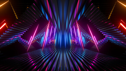 Wall Mural - Sci Fi neon glowing lines in a dark tunnel. Reflections on the floor and ceiling. Empty background in the center. 3d rendering image. Abstract glowing lines. Technology futuristic background.