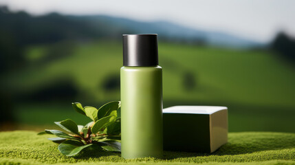 Wall Mural - Luxury Mockup green tea cosmetic Bottle-packaging cream and lotion formula for healthy skin Beauty cosmetic product poster: Green tea leaves and natural color background banner ad for beauty products